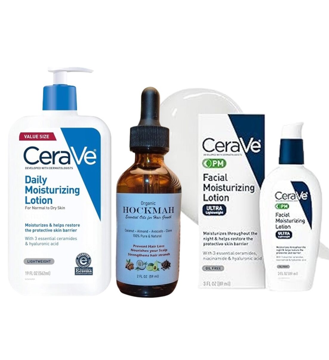 CERAVE DAILY MOISTURIZING LOTION, CERAVE PM FACIAL MOISTURIZING LOTION, ORGANIC HOCKMAH SCALP & HAIR STRENGTHENING OIL - (KIT HOCKMAH)