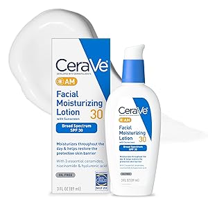 CERAVE AM FACIAL MOISTURIZING LOTION WITH SPF 30, OIL-FREE FACE MOISTURIZER WITH SPF, FORMULATED WITH HYALURONIC ACID, NIACINAMIDE & CERAMIDES, NON-COMEDOGENIC, BROAD SPECTRUM SUNSCREEN, 3 OUNCE